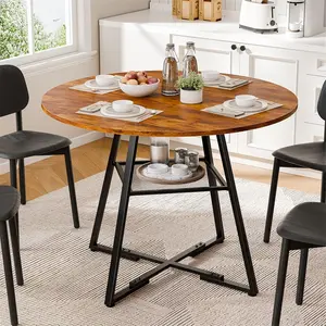 42/47 Inch Round Kitchen Dining Table for 4-6 Dual-Tier Storage Space Saving Industrial Farmhouse Pedestal Circle Table 220LBS Capacity Black Retro Wood