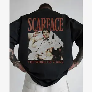 [Hot Streetwear Item] Scarface "The World Belongs to You" Retro Distressed Print Oversized Black Short-Sleeve Shirt - Retro movie pattern hip-hop aesthetic, unisex, Y2K street style casual summer outfit 2UE FSX