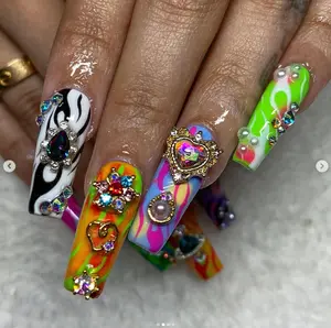 Neon Chrome Flame Nails with 3D Jewels, Pearls & Drip Art – Maximalist Glam Meets Y2K Energy in High-Voltage Statement Desig