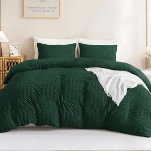 Dark Emerald Green King Comforter Set - 3-Piece Boho Vintage Seersucker Bedding for All Seasons