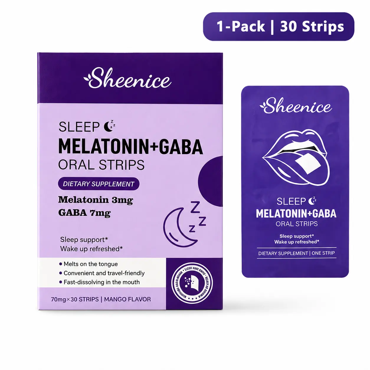Sheenice Sleep Fast Dissolving Strips - 30 Servings - Mango Flavor, Calming Sleep & Relax, Contains GABA, L-Theanine, VitaminB5, VitaminB6, Melatonin, Helps Balance Cortisol Levels, Lift Mood and Improve Sleep Quality.
