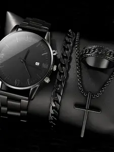 A set of stylish men's accessories including a steel strap quartz wristwatch, calendar, ring, cross necklace, and bracelet for casual and business occasions. Business Fashion Watches