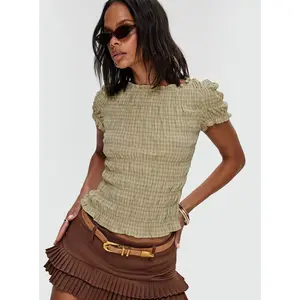 Romelle Shirred Top Green / Brown Plaid