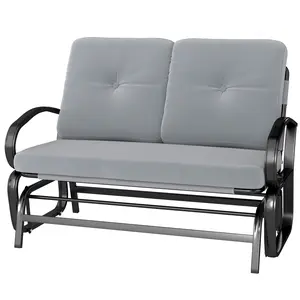 Gray 2 Person Outdoor Glider Bench Sturdy Steel Frame Smooth Quiet Rocking Motion Tufted Cushioned Seat And Backrest Curved Armrests 396Lbs Load Capacity For Porch Garden Backyard And Balcony