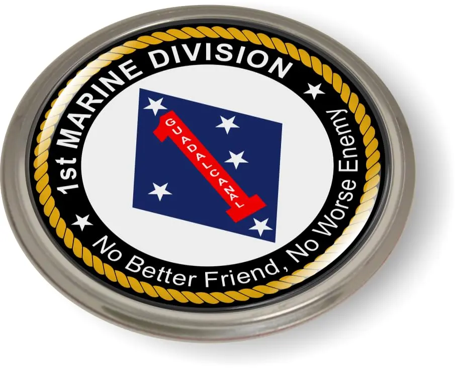 [Officially Licensed USMC] 1st Marine Division 3D Domed Car Emblem Badge Sticker, Weather Resistant Polyurethane Resin Mountable Patriotic Accessory for Vehicles, Outdoor Gear