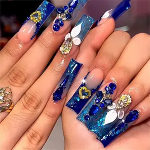Royal Blue Press On Nails – Long Square Acrylic Fake Nails with Rhinestone Design, Full Cover False Nails for Women, 24PCS Mother’s Day Gift
