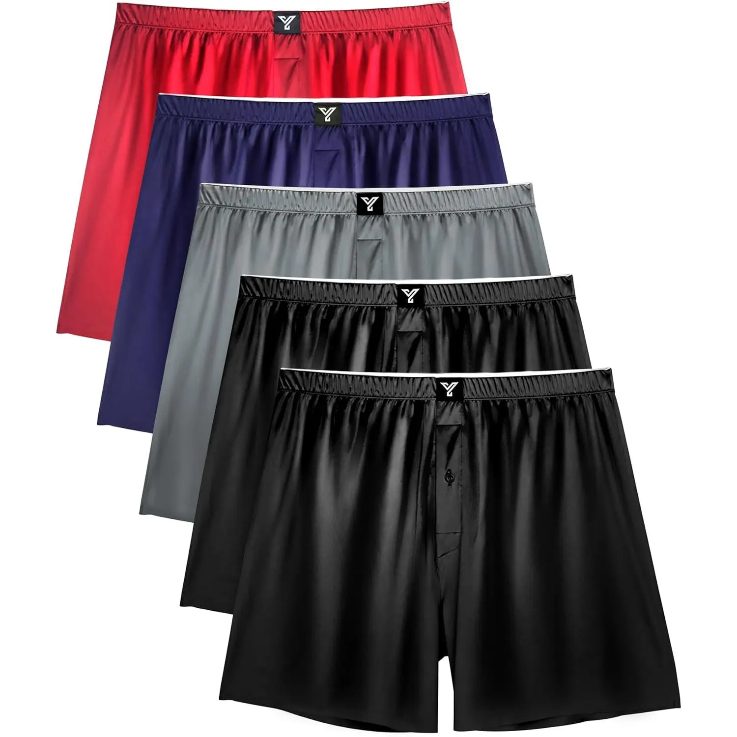 YESWEL Satin Boxers for Men 5 Pack, Silk Feeling Boxer Shorts with Button Fly, Breathable Loose Men's Underwear for Sleep