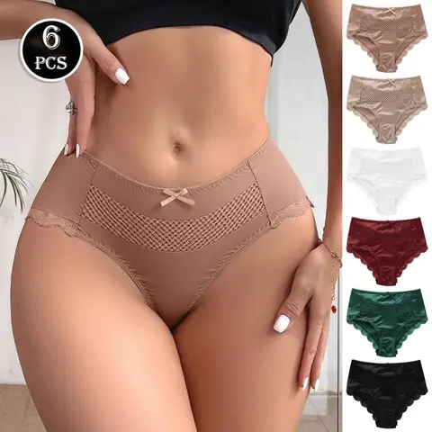 Women's High Waist Satin Briefs 6-Pack - Lace Trim, Silk Lining, Retro Cheeky Fit, Cold Wash Safe, Casual Comfy Panties, Fantasy Preppy Bow Design for Christmas, Wedding Occasions