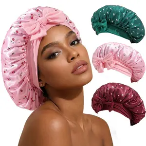 3pcs /Random  New Simulated Silk Cherry Printing Nightcap Wide-brimmed Bow Hair Care Cap Fashion Satin Headscarf Hat