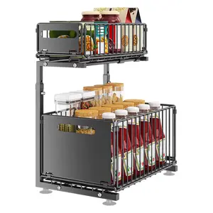 Garvee Storage under the sink, height-adjustable pull-out organizer for under the sink with sliding mesh drawers, 2-tier metal pull-out kitchen storage rack for cabinet, 38 x 26.5 x 48.5 cm (l