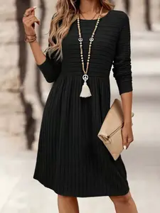 Women's Knitted Dress, Vintage Style Round Neck, Plaid Texture, Waist Cinched, Long Sleeve Boat Neck, Spring & Fall Fashion