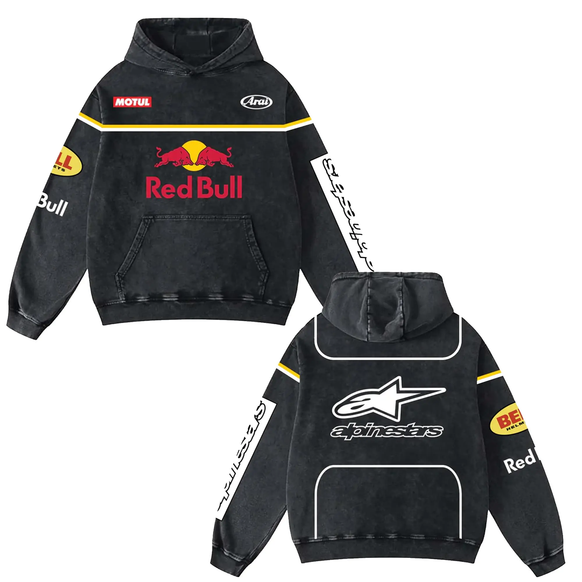 Retro Red Alpinestars Racing Washed Hoodie MotoGP World Champion Enthusiast Apparel Streetwear Akrapovic Shoei Helmet Racing Team Super Motorsports Clothing Riders Motocross Off-Road Dirt Bike Fan Gear Cotton For Moto Fan