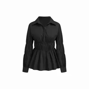 Cider Collar Shirred Ruffle Hem Shirt Dealsforyou