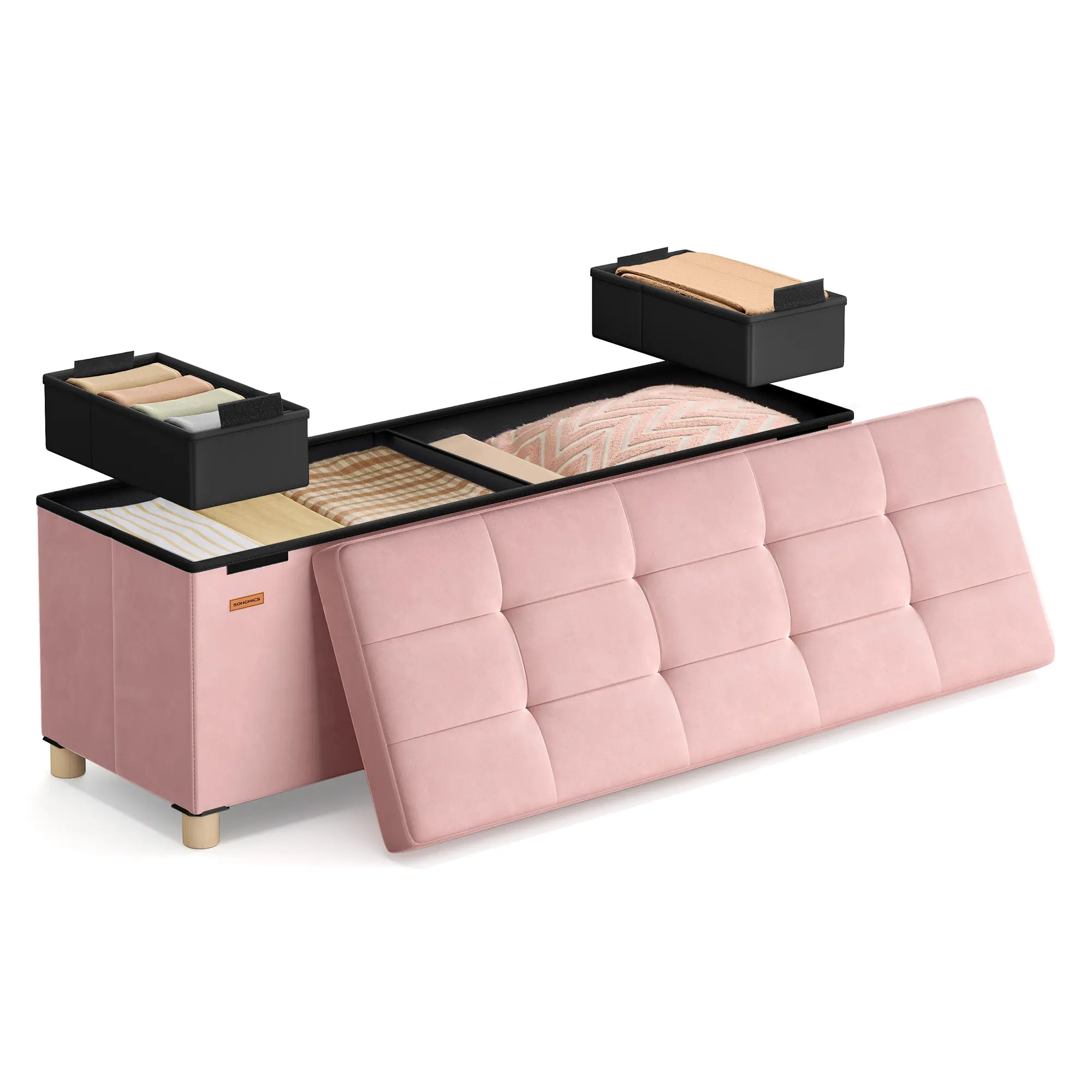 SONGMICS Storage Ottoman Bench, Folding Storage Chest, Foot Rest Stool, 30 Gal. (112 L), Velvet Surface, for Bedroom, Entryway, Living Room