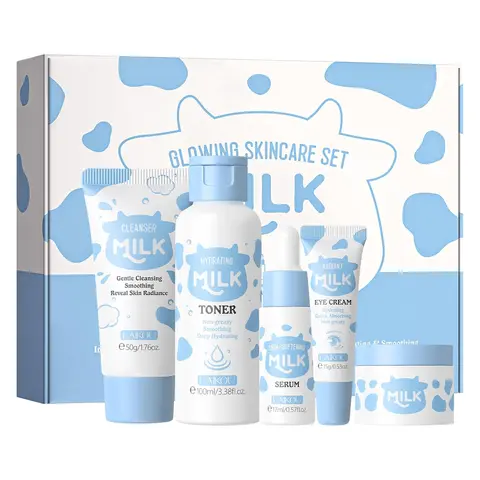 Milk Infused Skin Care Set, Daily Skincare Routine Kit For Women And Teens, Luxury Skincare Gift Set, Travel Size Toiletries With Gentle Milk Cleanser, Milky Hydrating Toner, Nourishing Milk Serum, Soothing Eye Cream, Moisturizing Face Cream 5/14/18PCS