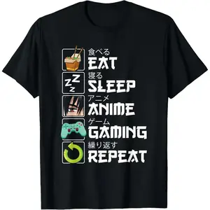 [tiktok shop deals]Men's Eat Sleep Anime Gaming Repeat Kawaii Otaku Anime Manga T-Shirt orange black shirt everyday plain white tees