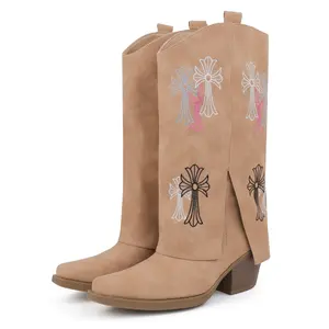 Hawkwell Cowboy Boots For Women Western Cowgirl Boots with Chunky Heel Mid Calf Snip Toe Side Zip Shark Boots with Embroidered Pull On Dress Fold Over Booties for Ladies