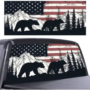 American Flag Bear Rear Window Decals for Trucks, Pine Trees Mountains Landscape Automotive Decal, Car Decor Perforated Vinyl Window Film Sticker, Patriotic Back Window Graphic, 66" x 20"