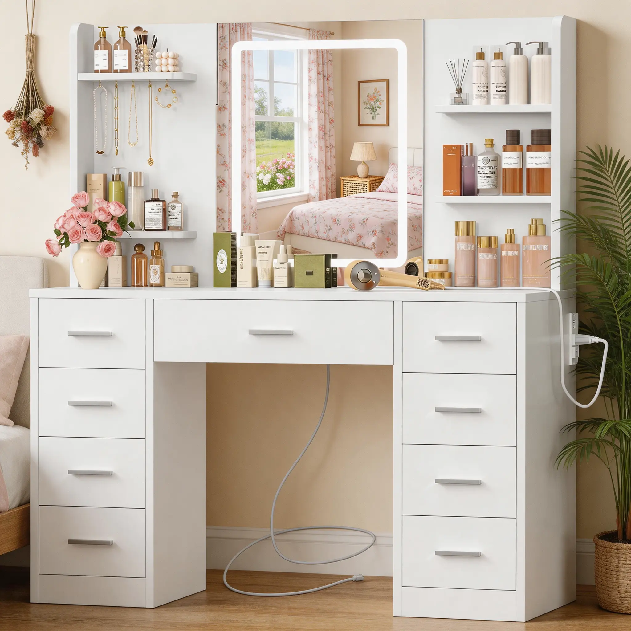 Makeup Vanity Desk - 39.4" Full-Size Stand-Alone Illuminated Makeup Vanity with Smart LED Mirror, Power Station, 9 Drawers & 6 Open Shelves for Bedroom Use, Full-Size Makeup Vanities