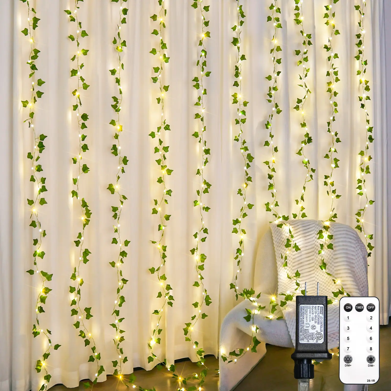 SUDDUS 300 LED Vines with Lights, Plug-In, 9.8 ft x 9.8 ft Fairy Lights with Vines, Ivy Curtain Lights for Wall, Bedroom, Dorm, Wedding, Party, Indoor & Outdoor Decor (Warm White)