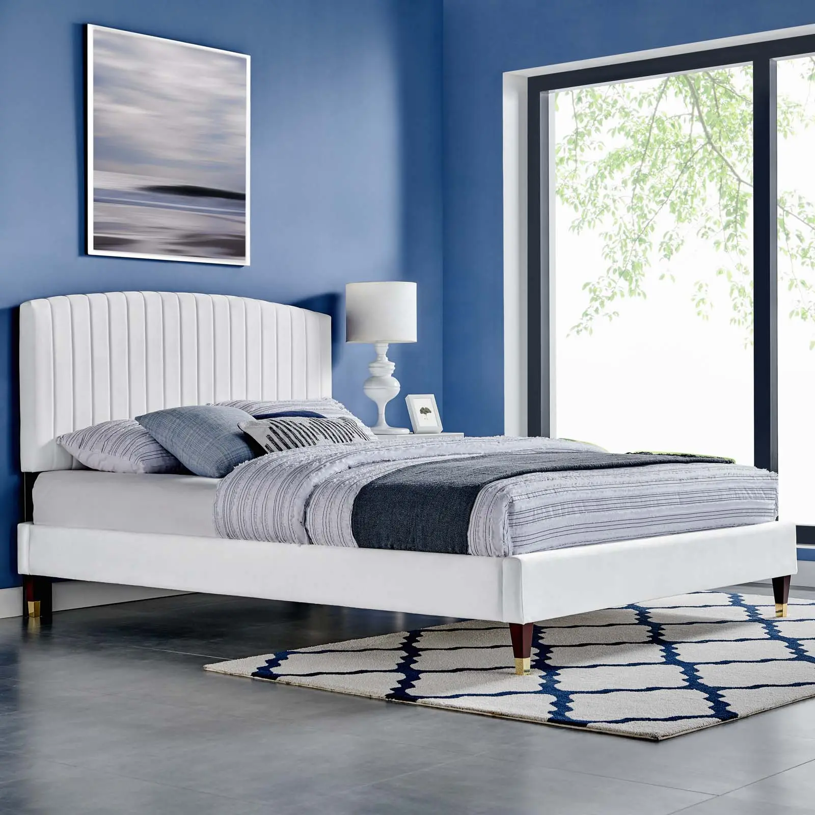 Modway Alessi Modern Upholstered Sturdy Platform Bed Frame - White Stain-Resistant Performance Velvet Queen Bed with Subtle Arch Headboard, Ideal for Master Bedroom, Guest Bedroom, Modern Upholstered Bed