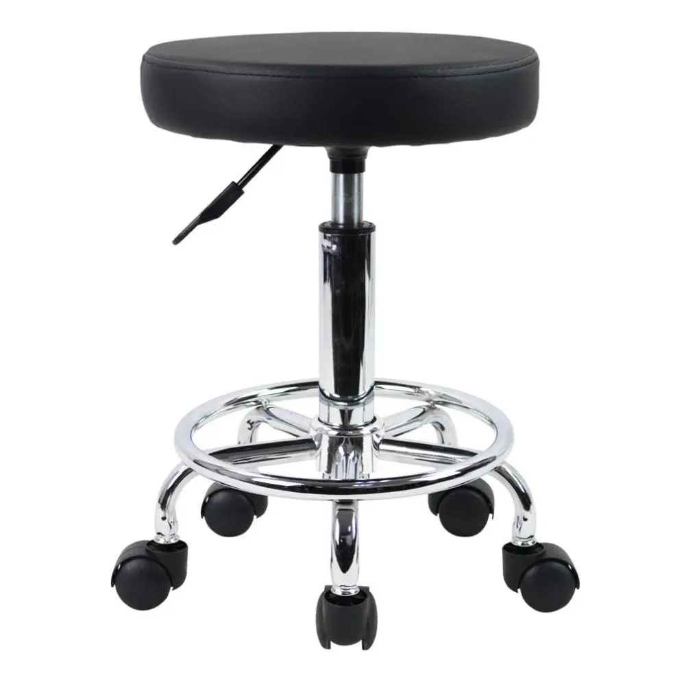 KKTONER Adjustable Ergonomic Sturdy Modern PU Leather Round Rolling Office Chair - 360 Swivel, 13.3 Inch Diameter, 2.6 Inch Thick Seat Cushion, Height-Adjustable Seat, Foot Rest, 250 Lb Capacity for Spa, Barbershop Use (Black)