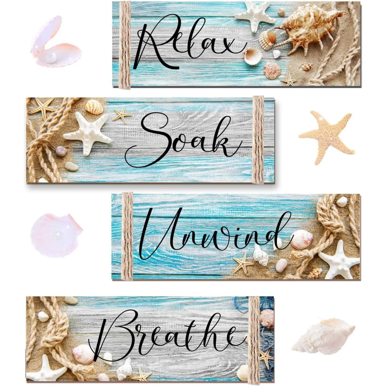 4 PCS Rustic Coastal Wooden Plaque Wall Decor Signs (11.8x4 in, Light White) - Home Decor with Hook for Living Room, Furniture Mantels, Hanging Art Accessories