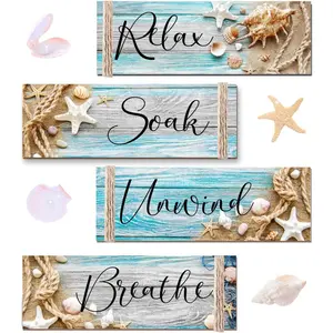 4 PCS 11.8 x 4 inOcean Beach Wood Relax Soak Unwind Breathe Art Sign Hanging Wooden for Decor Living Room Laundry Spa Washroom Wall Light White