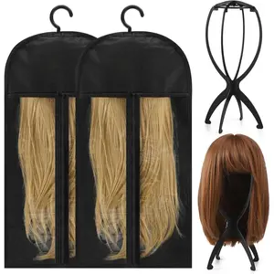 2 count Wig Storage Bags with 2 Pack Wig  Stand, Travel Wigs Holder Hat Display Wig Set for  Salon Use, Black