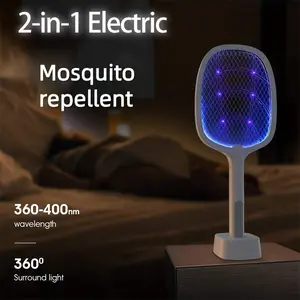 Portable electric mosquito swatter, USB rechargeable insect trap, mosquito insecticide, physically safe and harmless, used to kill mosquitoes, insects and flies, with a base suitable for rooms, homes, offices and camping
