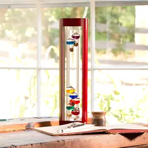 Galileo Thermometer w/ Cherry Wood Frame Floating Glass Weather Temperature Decor