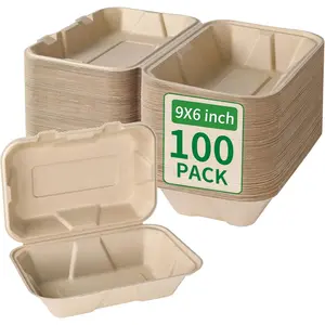 Compostable 100 Pack 9x6 Inch Takeout Lunch Box Containers with Lid To Go Take Out Clamshell for Food, Disposable Biodegradable Bagasse, PFAS-Free, Brown