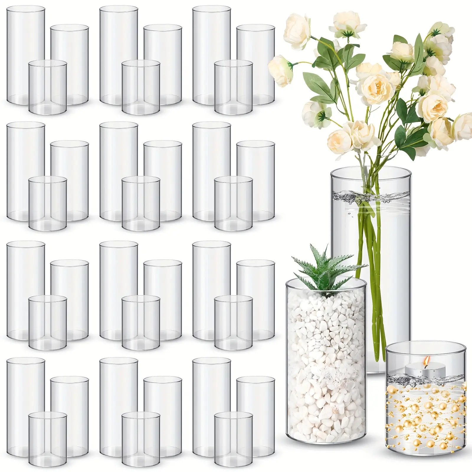 36pcs Plastic Cylinder Vases Tall Clear Flower Vases For Centerpieces Hurricane Candle Holder For Home Wedding Office Party Formal Dinners Valentines Decorations