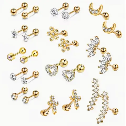 12 Pairs of Simple Anti-Allergic Earrings, Threaded Earrings, Surgical 316L Stainless Steel Perforated Stud Earrings Set, Suitable for Daily Wear