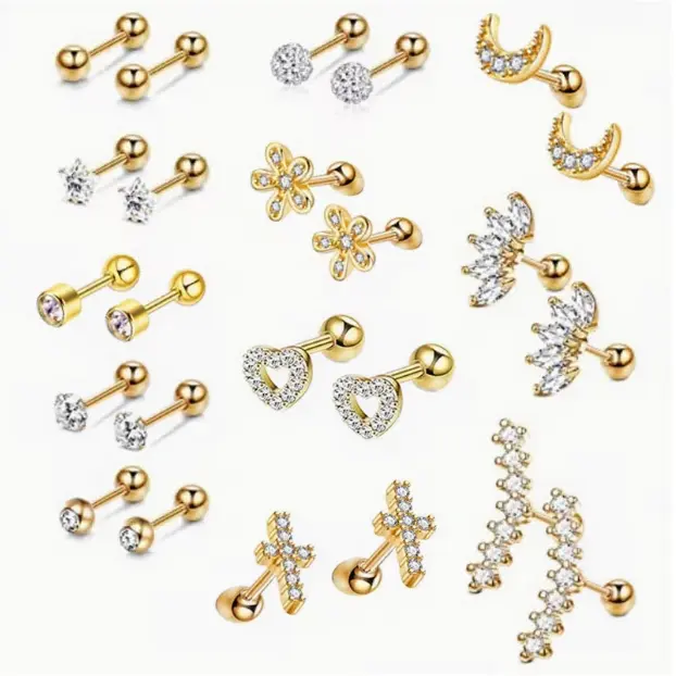 12 Pairs of Simple Anti-Allergic Earrings, Threaded Earrings, Surgical 316L Stainless Steel Perforated Stud Earrings Set, Suitable for Daily Wear