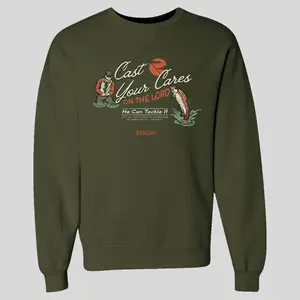 Kerusso Unisex Christian Sweatshirt Cast Your Cares in Military Green Classic Crewneck