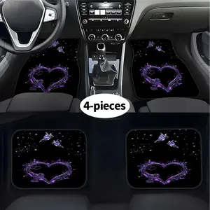 2D, 4-piece set of purple heart and butterfly print car floor mats, front and rear carpets, car interior accessories floor mats, interior accessories for front and rear seats, washable, stylish polyester floor mats protect cars, SUVs, etc