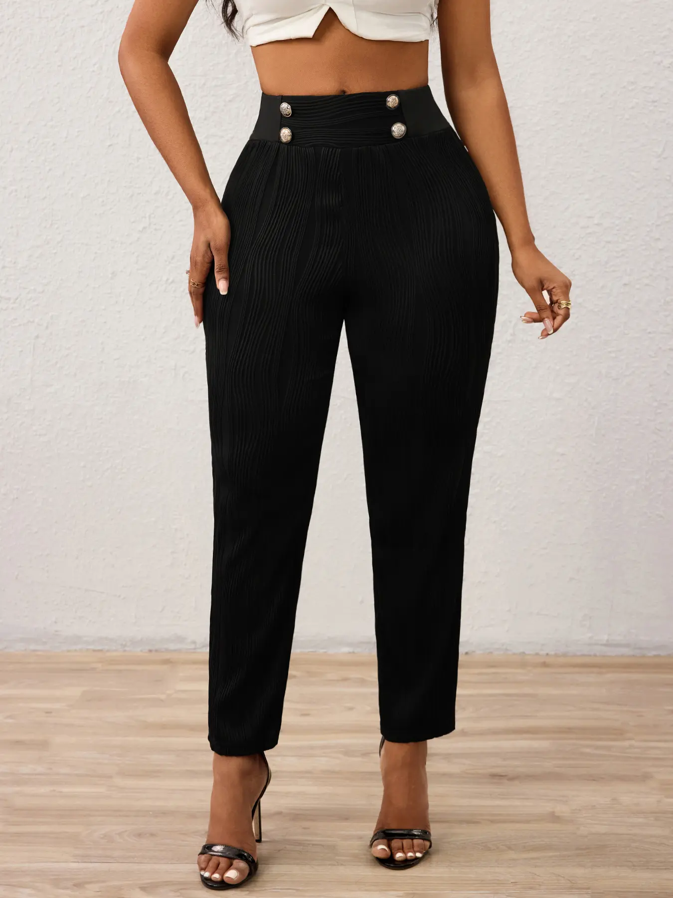 Women's Elegant Black High-Waist Pants with Button Details - Casual, Formal Womenswear Bottoms