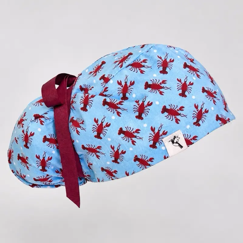 Lobster Print Ponytail Surgical Cap – Lined Cotton Scrub Cap for Nurses, Doctors and Dentists, Comfortable Medical Hat