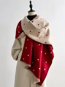 Women's Elegant Heart Print Double Sided Scarf, Soft Woven Fabric, Fitted Design, Perfect for Fall & Winter, Stylish Warm Accessory