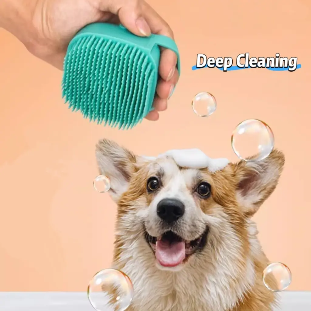 Pet Grooming Bath Brush - Silicone Massage Brush with Convenient Dispenser Speeds Bathing, Helps Lift Loose Fur and Dirt, Universal Fit for Dogs & Cats