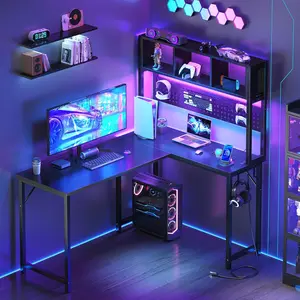 Small Black L Shaped Gaming Desk with Hutch ,  Inch Corner Gaming Desk with Storage Shelves for Bedroom Small Space, Reversible L-Shaped  PC Desks with Pegboard LED Light for  Boys Girls