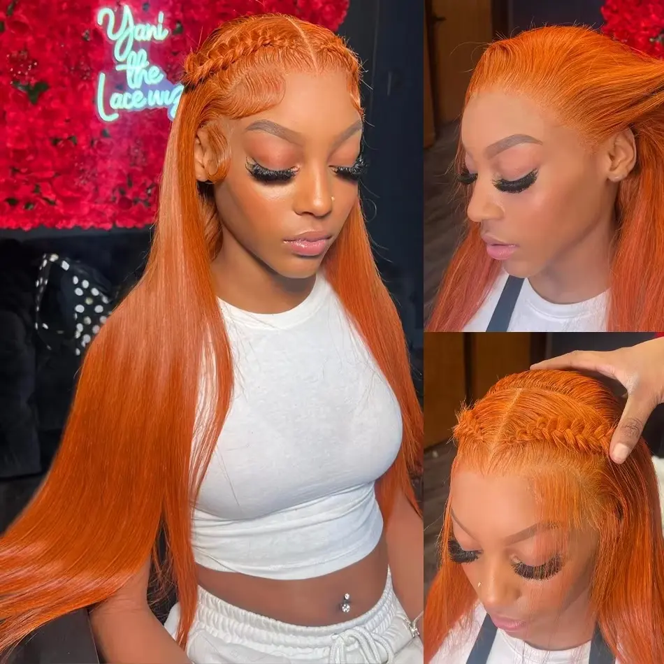 Cute Bein Ginger Orange 13x6 Lace Front Human Hair WIgs Transparent Frontal Wig 200% Density