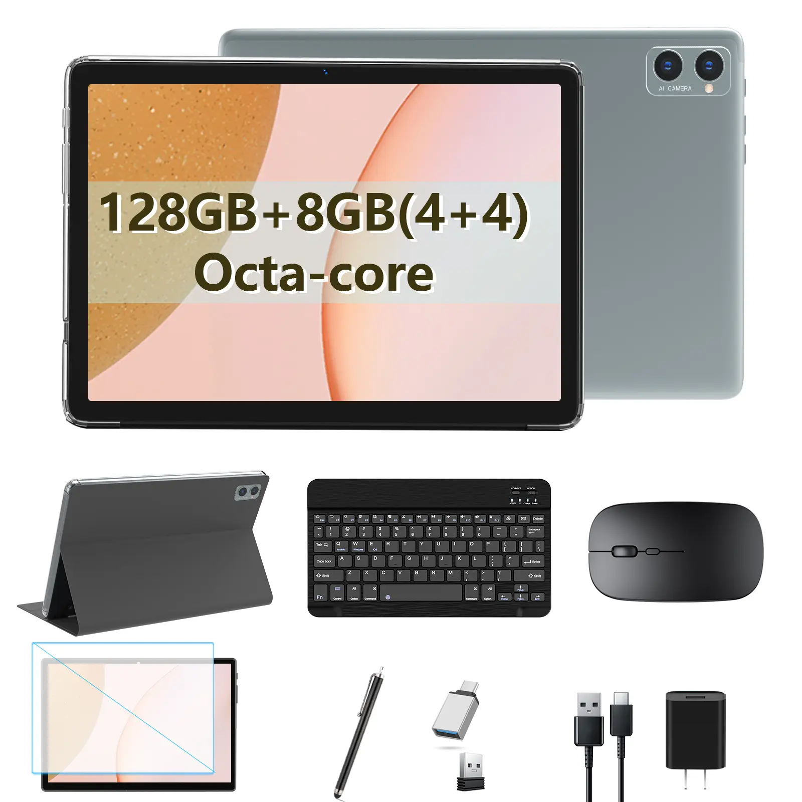 10 Inch 2-in-1 Android Tablet with Keyboard | 128GB Storage + 8GB RAM | Octa-Core, 13MP+8MP Dual Cam, 5G WiFi, Bluetooth, GPS | Includes Foldable Case, Stylus & Mouse - Gray
