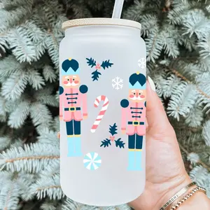 Christmas Nutcracker Glass Tumbler 16oz Frosted with Bamboo Lid and Plastic Straw - Holidays Portable Lightweight Cup Reusable Mug