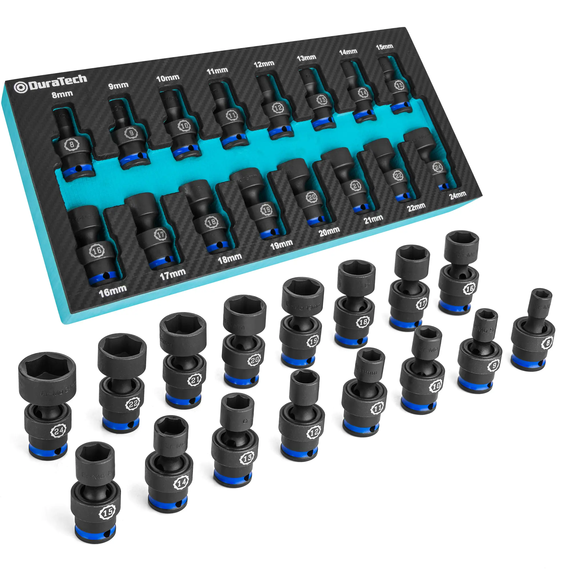 #FallDealsforYou DURATECH 3/8" Drive Impact Universal Joint Socket Set, Swivel Socket Set, 16-Piece, Metric, 8-24MM, Cr-Mo Steel, Organized in EVA Foa