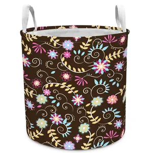 Bohemian Floral Laundry Hamper, Kids Baby Girls Foldable Laundry Basket with Handle, 13.8"x15.8" Colorful Flowers Clothes Storage Bucket for Laundry Room Bathroom Bedroom Decor
