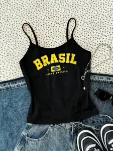 Women's Tight-Fitting Tank Top, Sweet Spicy Sleeveless Design, Spaghetti Strap, Brasil World Cup Brazil Print, Halter Neck Crop Top, Womenswear, Casual