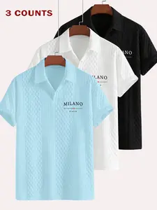 Men's Three-Piece Summer Short Sleeve Polo Shirt Fitted, Textured Fabric Letter Pattern Print, Casual Fit for Outdoor Leisure Business Wear