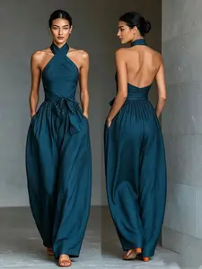 Women's Sleeveless Halter Neck Tie Front Jumpsuit, High Waist Plain Long Pants, Casual Summer Fashion, 2026 New Arrival, Summer Wear